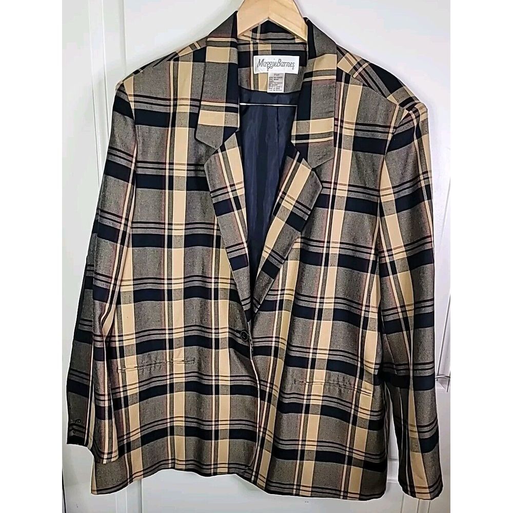 Maggie‎ Barnes Blazer 22W Plaid Elbow Patches Navy Beige Academia